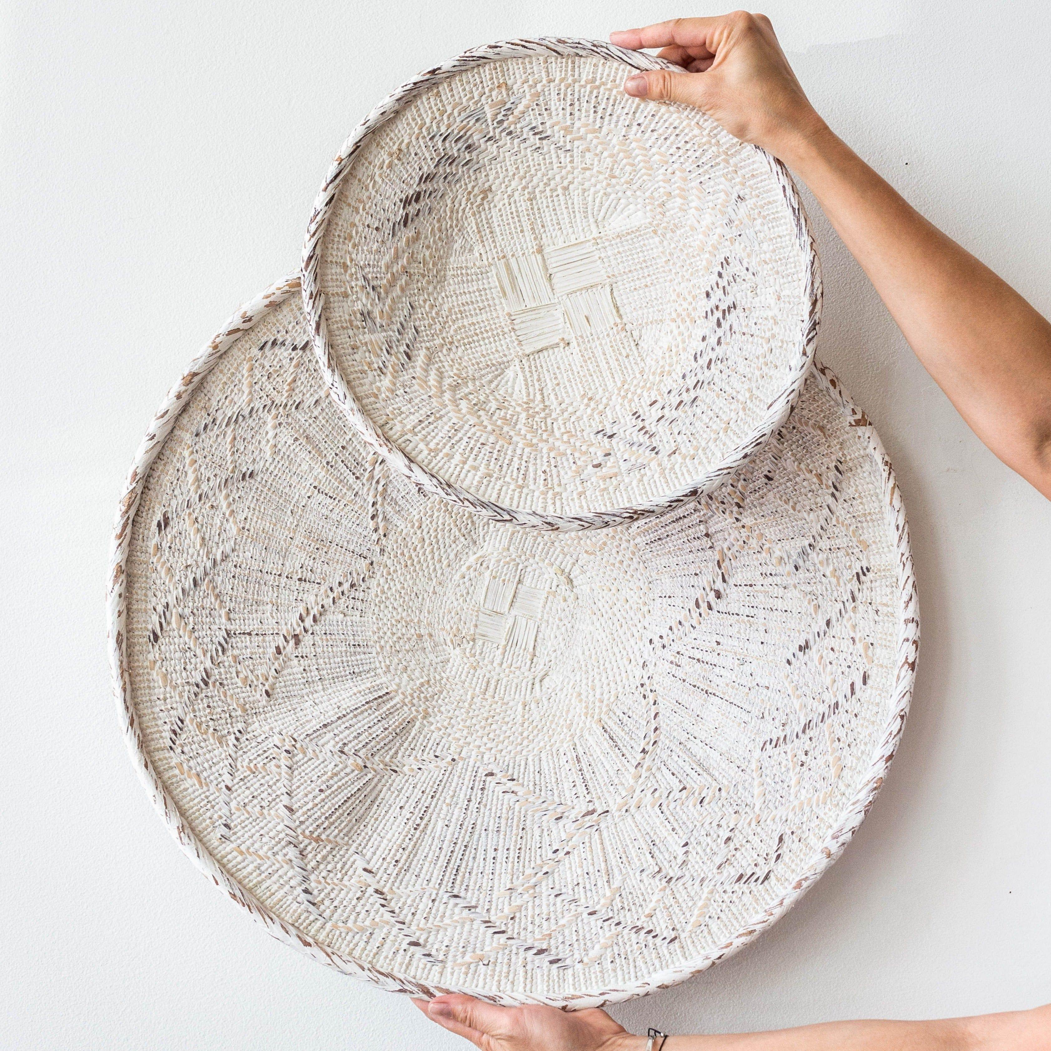 White Washed Handwoven Wall Basket, angled view - House Of Avana