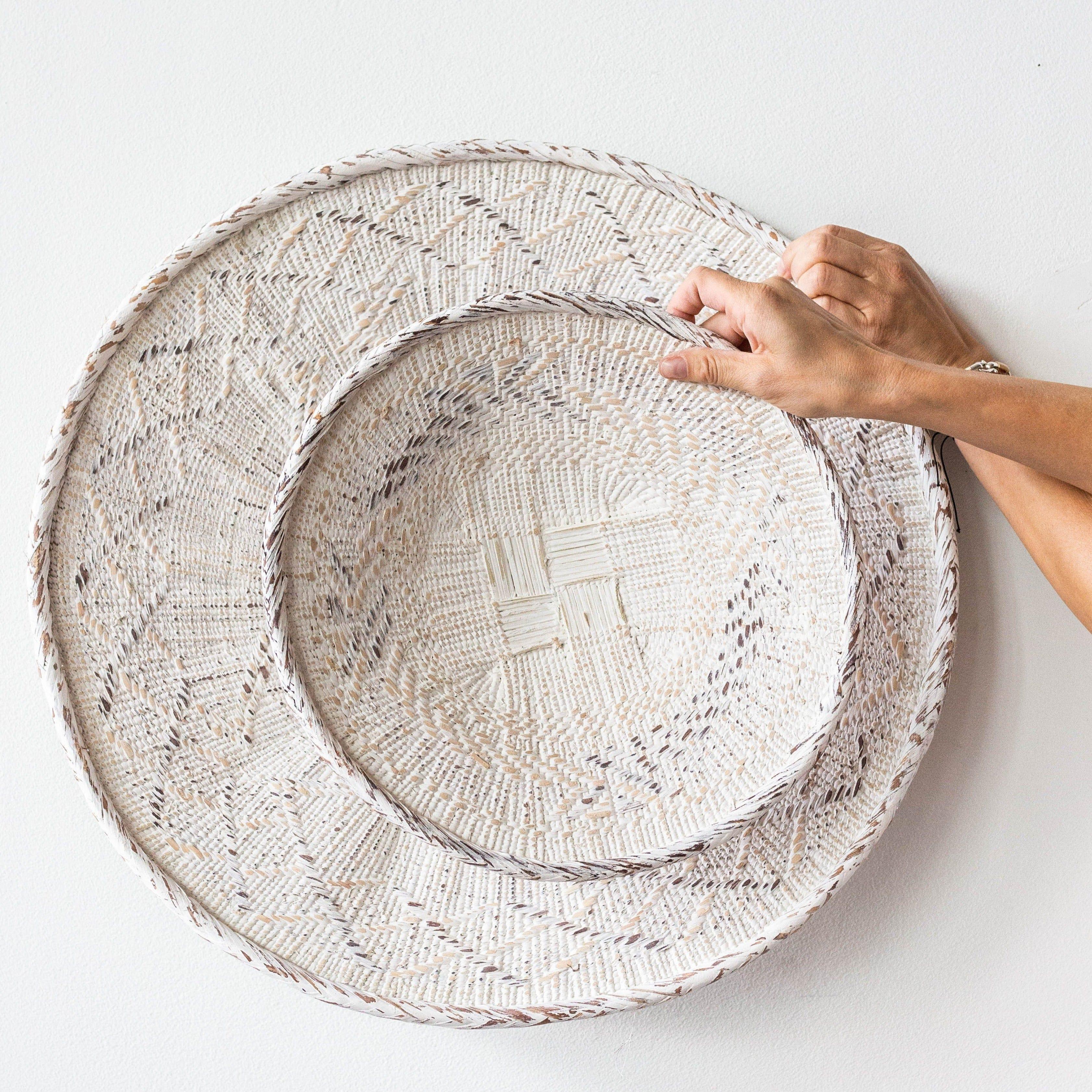 White Washed Handwoven Wall Basket, angled view - House Of Avana