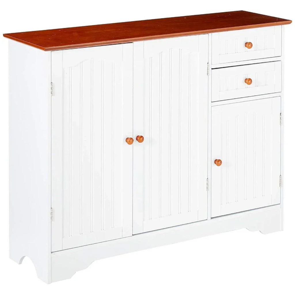 White Wood Sideboard Buffet Cabinet with Walnut Finish Top and Knobs