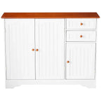 White Wood Sideboard Buffet Cabinet with Walnut Finish Top and Knobs
