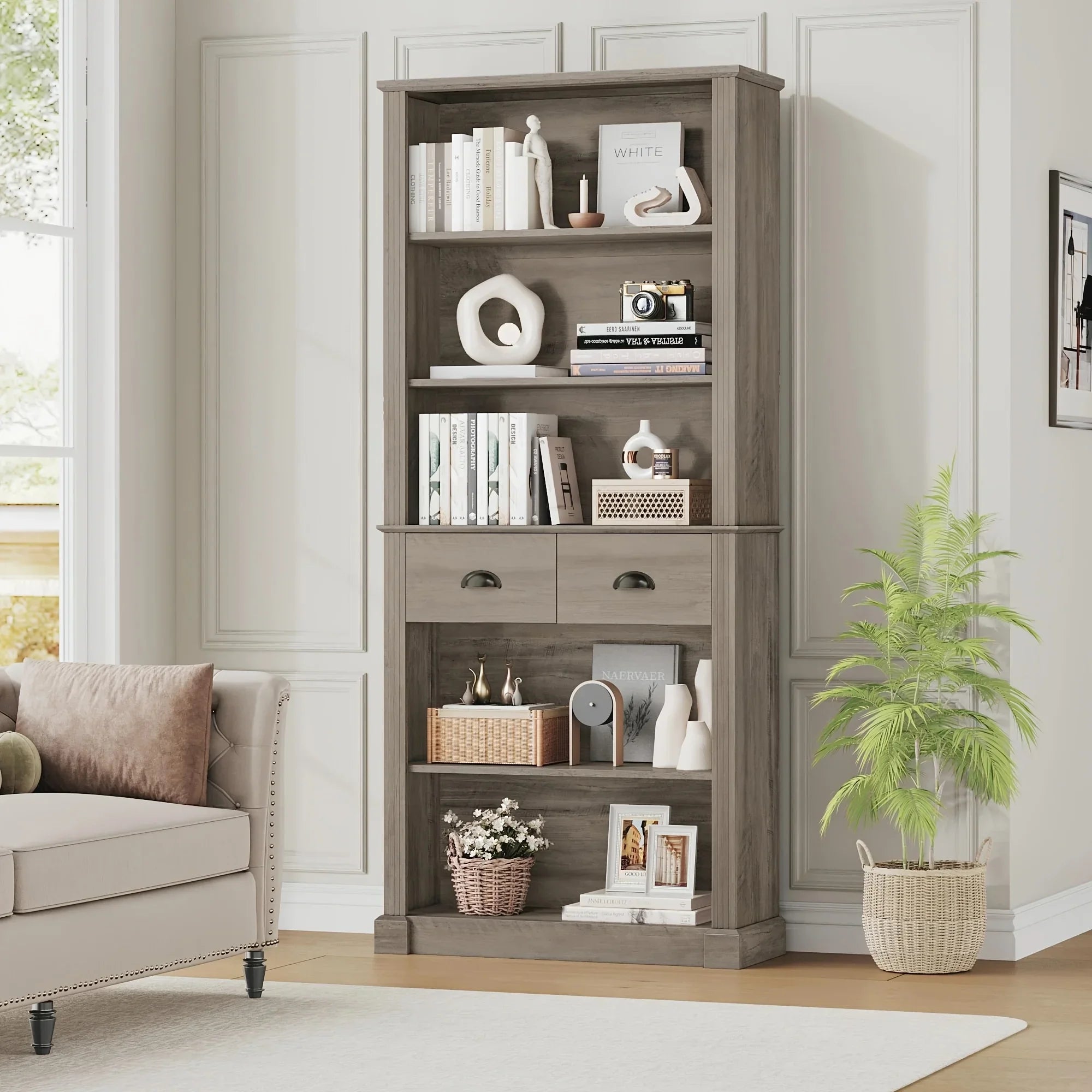 Fultru 71.8" Tall White Bookshelf with Drawers & 5-tier Adjustable Shelves - Heavy-duty Modern Bookcase... - House Of Avana