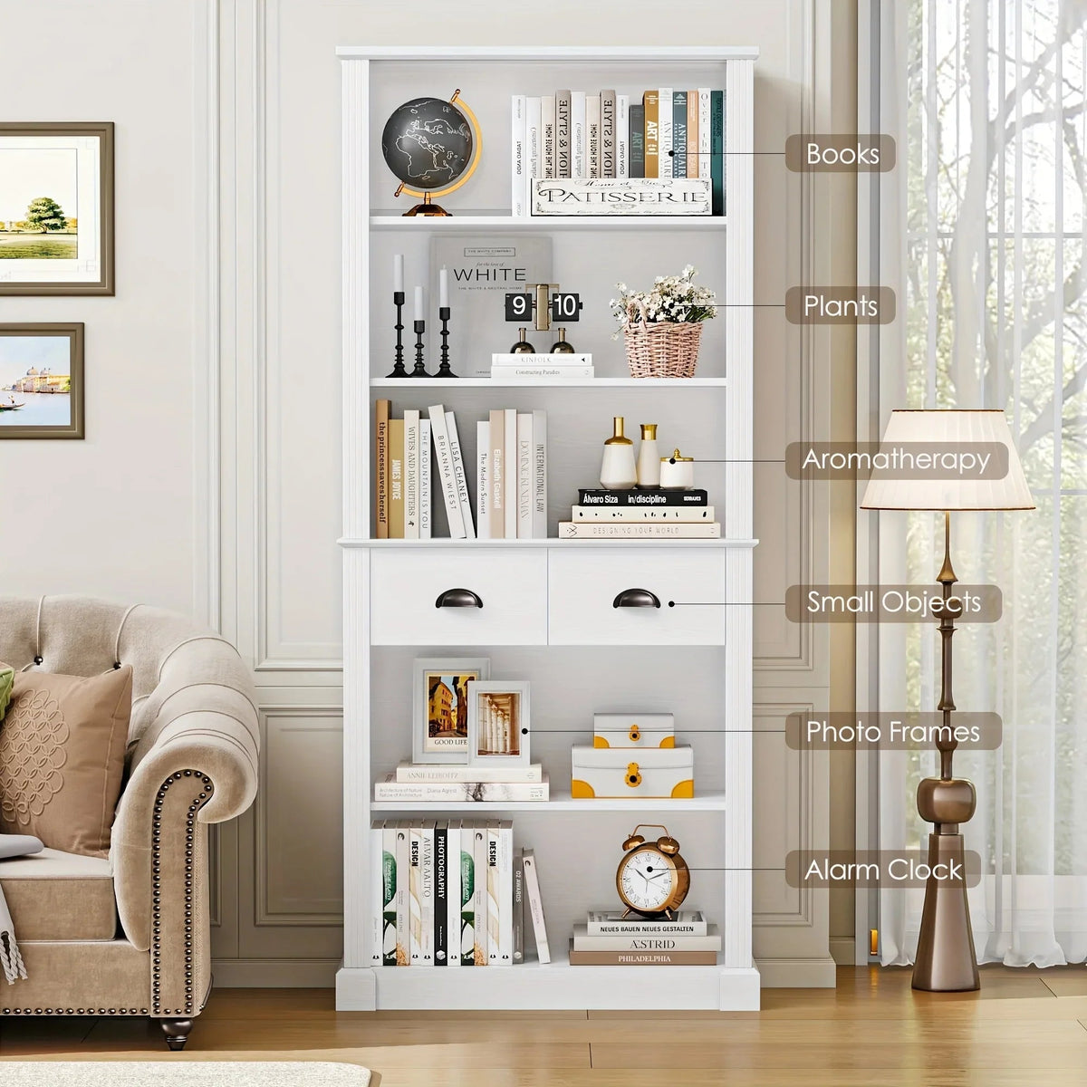 Fultru 71.8" Tall White Bookshelf with Drawers & 5-tier Adjustable Shelves - Heavy-duty Modern Bookcase... - House Of Avana [[SKU:HOA-BOK-008]]