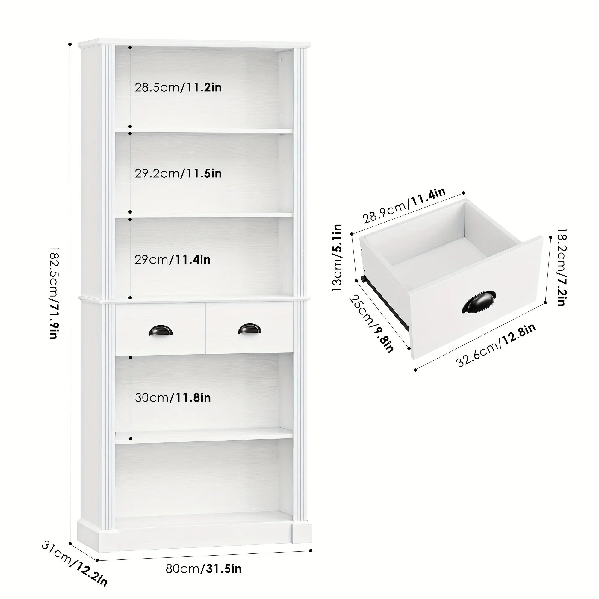 Fultru 71.8" Tall White Bookshelf with Drawers & 5-tier Adjustable Shelves - Heavy-duty Modern Bookcase... - House Of Avana
