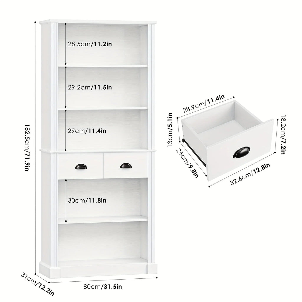 Fultru 71.8" Tall White Bookshelf with Drawers & 5-tier Adjustable Shelves - Heavy-duty Modern Bookcase... - House Of Avana [[SKU:HOA-BOK-008]]