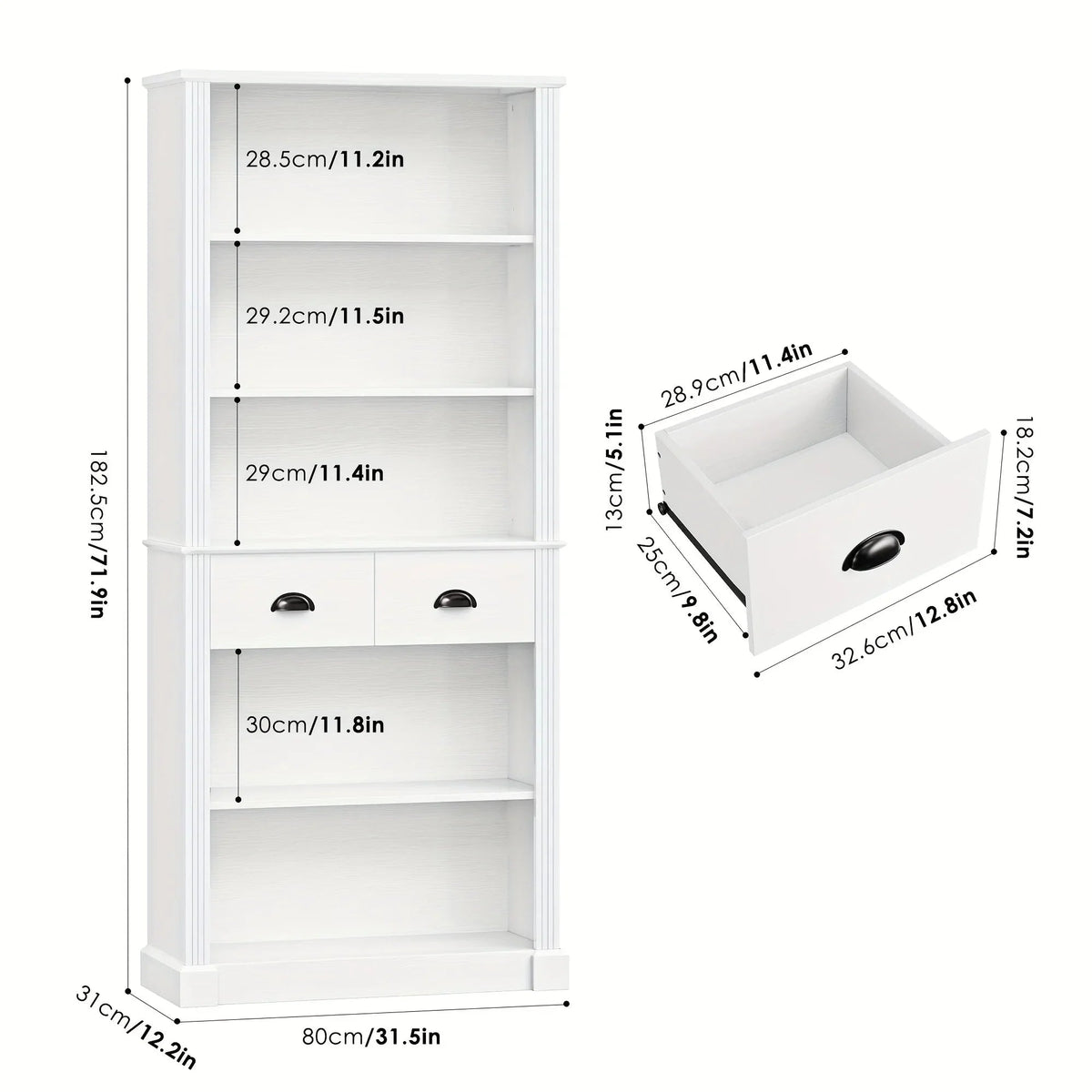 Fultru 71.8" Tall White Bookshelf with Drawers & 5-tier Adjustable Shelves - Heavy-duty Modern Bookcase... - House Of Avana [[SKU:HOA-BOK-008]]