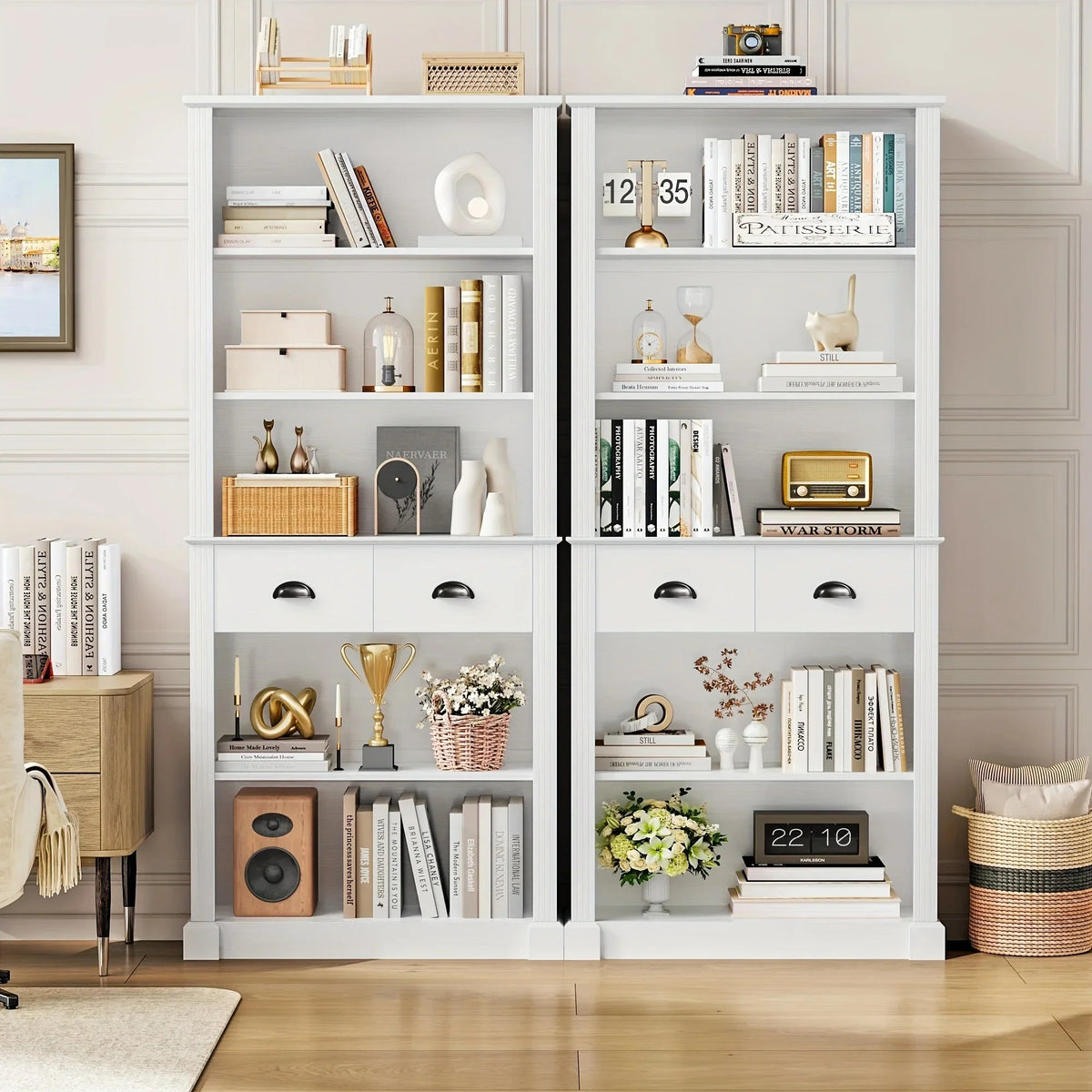 Fultru 71.8" Tall White Bookshelf with Drawers & 5-tier Adjustable Shelves - Heavy-duty Modern Bookcase... - House Of Avana [[SKU:HOA-BOK-008]]