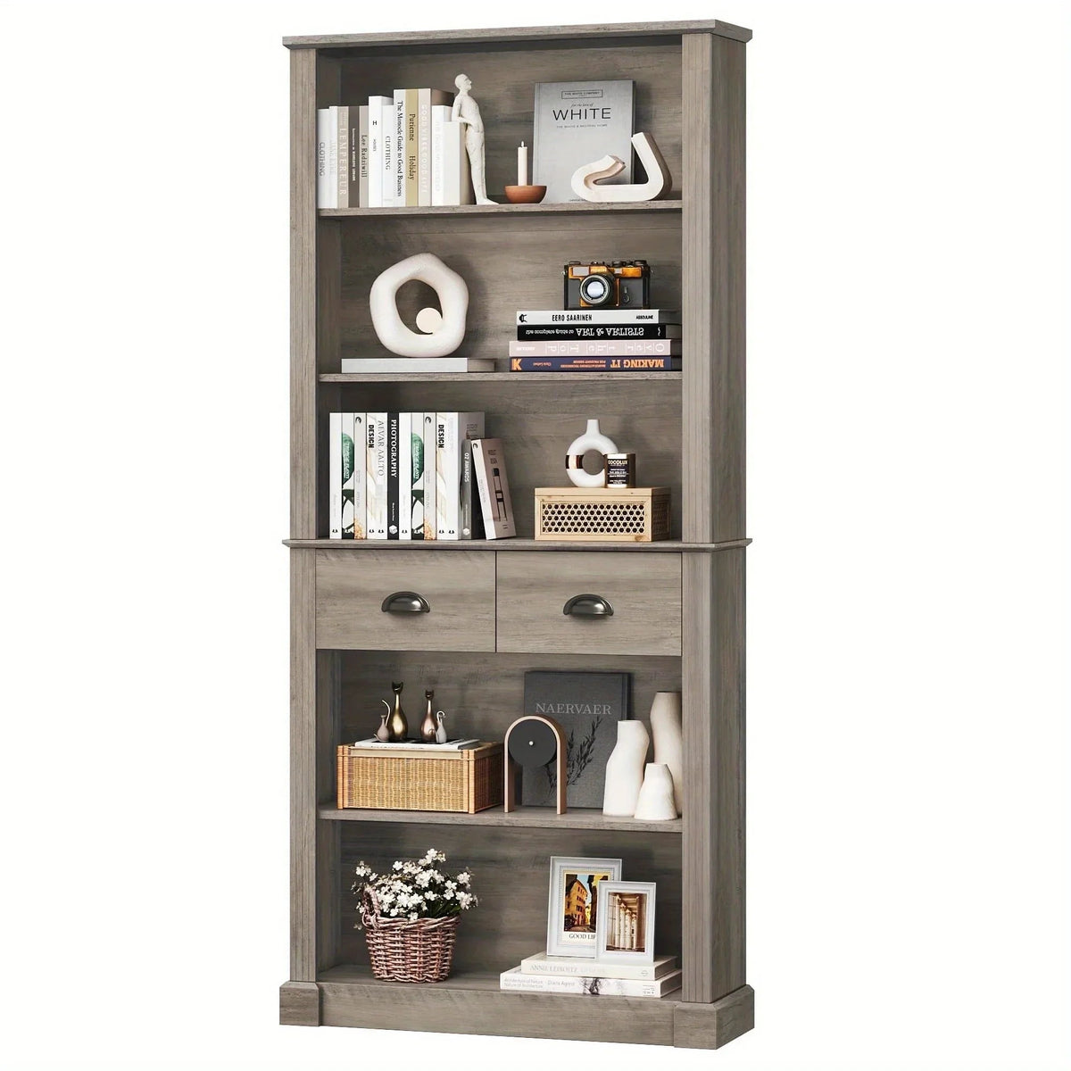 Fultru 71.8" Tall White Bookshelf with Drawers & 5-tier Adjustable Shelves - Heavy-duty Modern Bookcase... - House Of Avana [[SKU:HOA-BOK-008]]