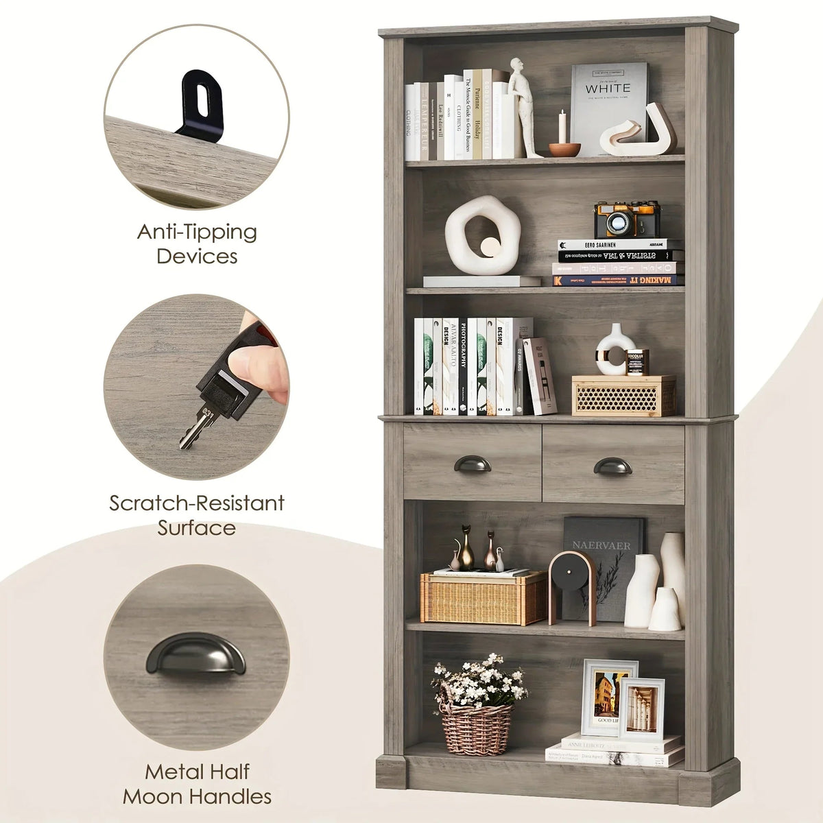 Fultru 71.8" Tall White Bookshelf with Drawers & 5-tier Adjustable Shelves - Heavy-duty Modern Bookcase... - House Of Avana [[SKU:HOA-BOK-008]]