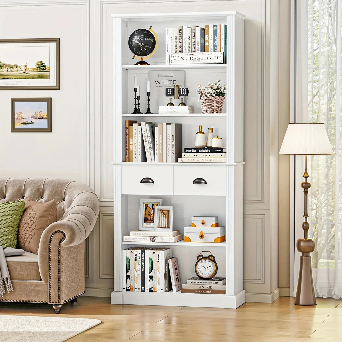 Fultru 71.8" Tall White Bookshelf with Drawers & 5-tier Adjustable Shelves - Heavy-duty Modern Bookcase... - House Of Avana [[SKU:HOA-BOK-008]]