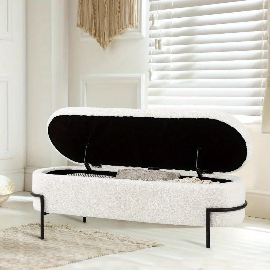 [Modern Boucle Storage Bench] 52" Extra-Long Boucle Storage Bench | Upholstered Teddy Ottoman with Hidden Compartment, Modern Non-Wood Freestanding Design for Bedroom, Entryway, Living Room (White) House Of Avana