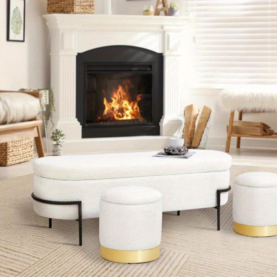 [Modern Boucle Storage Bench] 52" Extra-Long Boucle Storage Bench | Upholstered Teddy Ottoman with Hidden Compartment, Modern Non-Wood Freestanding Design for Bedroom, Entryway, Living Room (White) House Of Avana