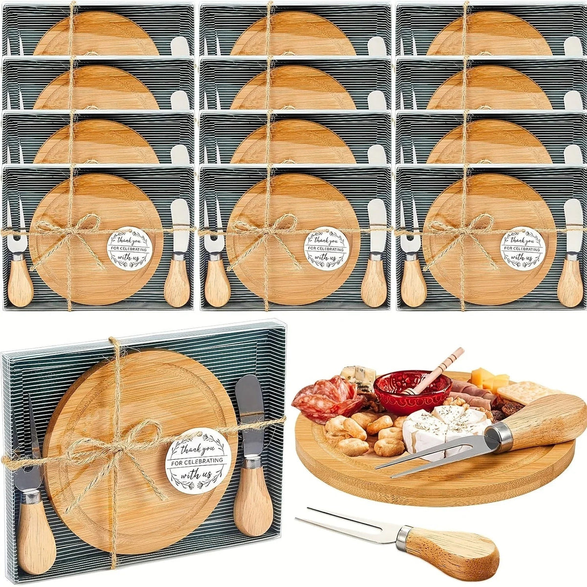 12 Sets Bridal Shower Baby Prizes Cheese Board Set Wood Round Mini Charcuterie Board with Knives And Forks Bulk Thank You Tags with Bridal Shower Gift Box for Guests Wedding Party Halloween Christmas House Of Avana [[SKU:HOA-GFT-010]]