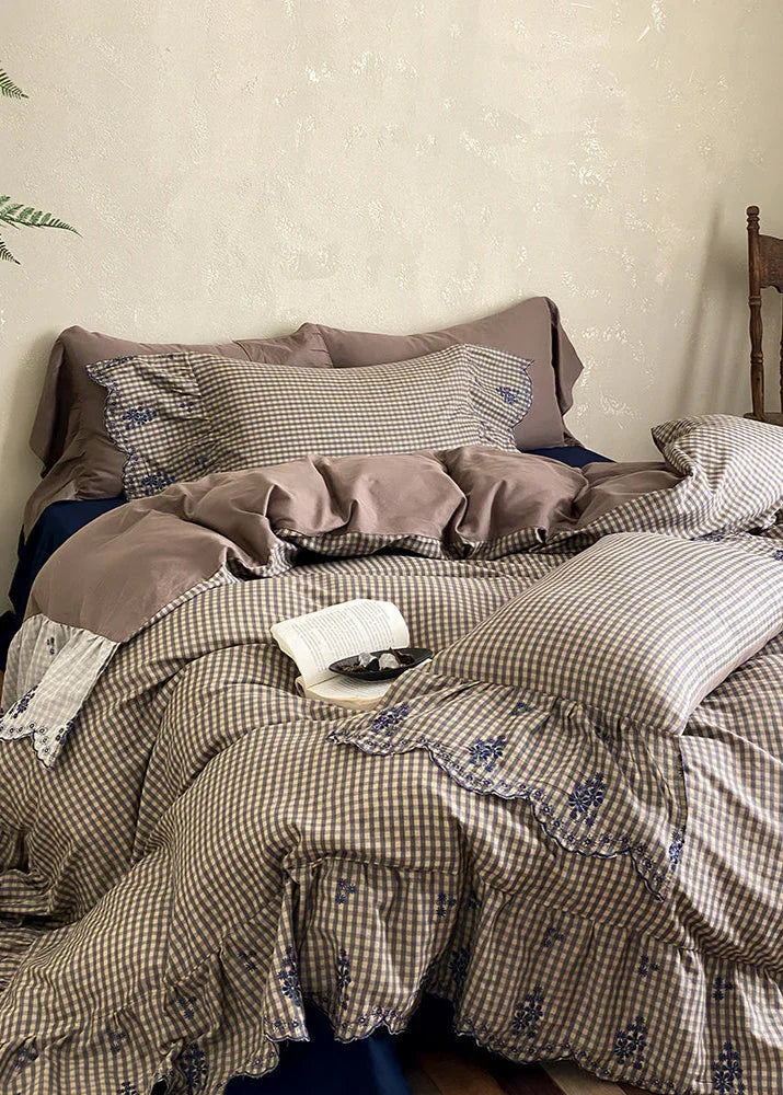 Willa Retro Double Gauze Gingham Bedding Set / Brown Ever Lasting