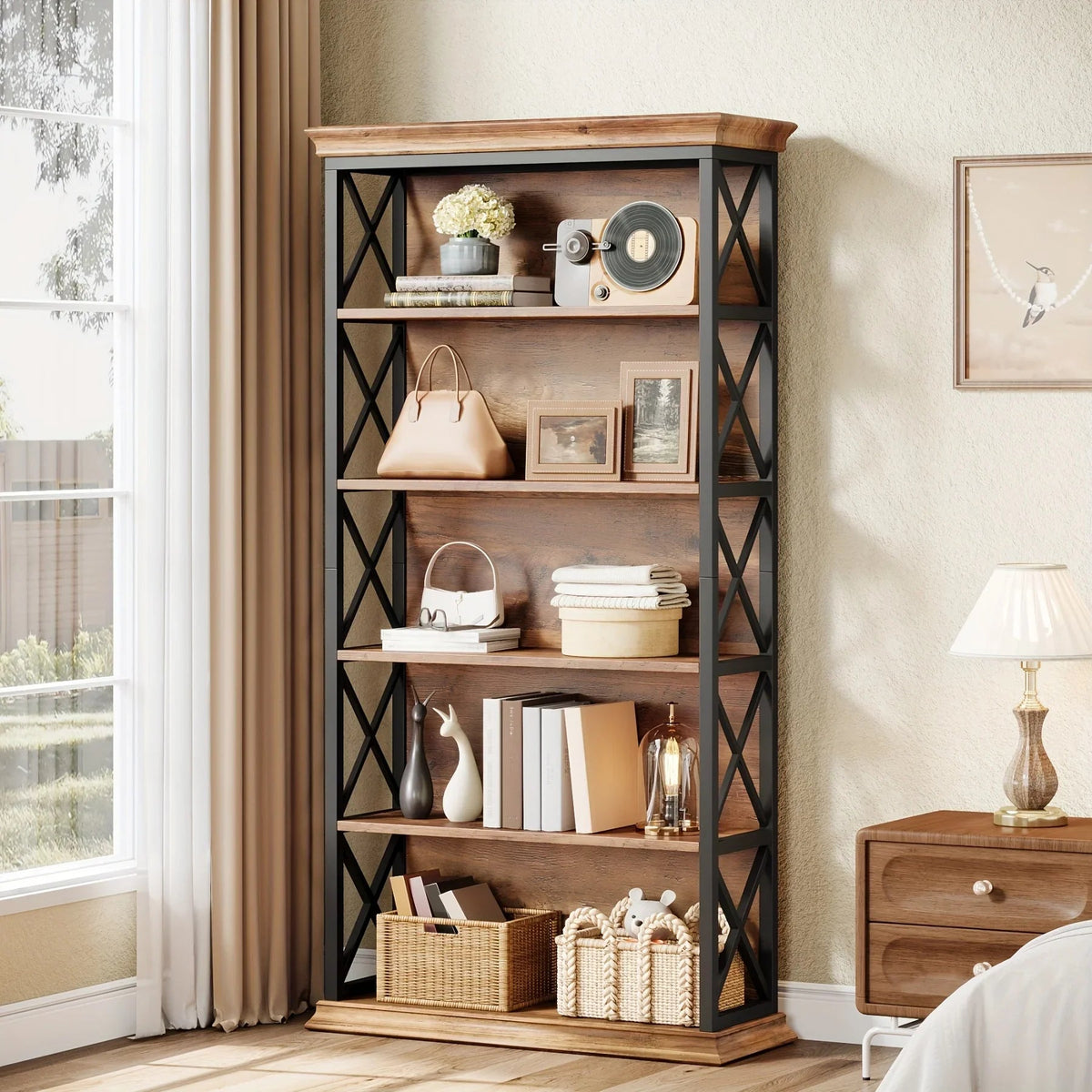 71 Inch Industrial 6-tier Bookcase - Sturdy Wood & Metal X-pattern Design, 75lb Capacity Shelves, Easy... - House Of Avana [[SKU:HOA-BOK-014]]