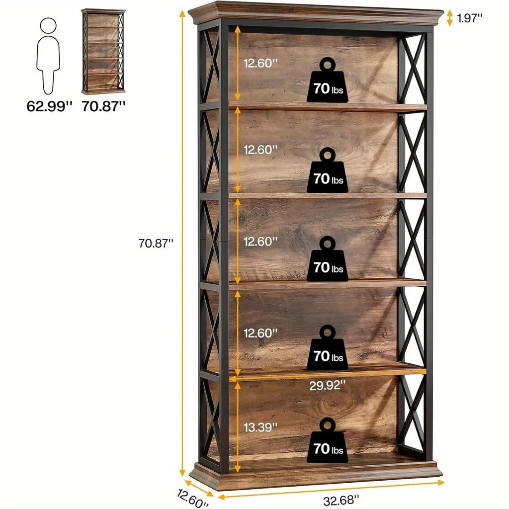 71 Inch Industrial 6-tier Bookcase - Sturdy Wood & Metal X-pattern Design, 75lb Capacity Shelves, Easy... - House Of Avana [[SKU:HOA-BOK-014]]