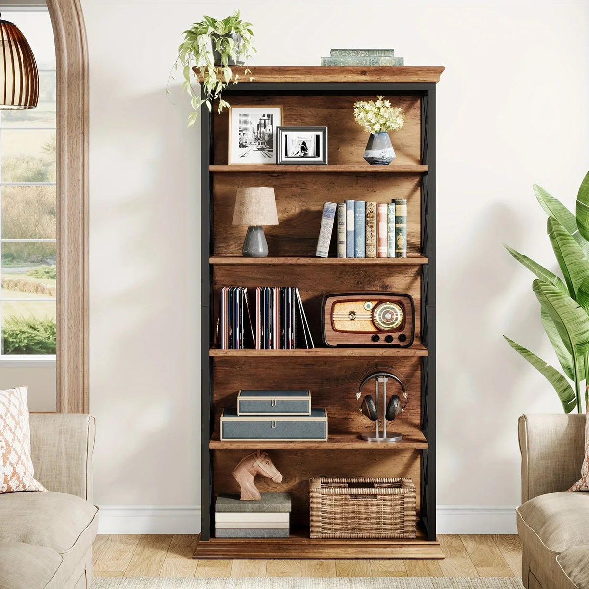 71 Inch Industrial 6-tier Bookcase - Sturdy Wood & Metal X-pattern Design, 75lb Capacity Shelves, Easy... - House Of Avana [[SKU:HOA-BOK-014]]