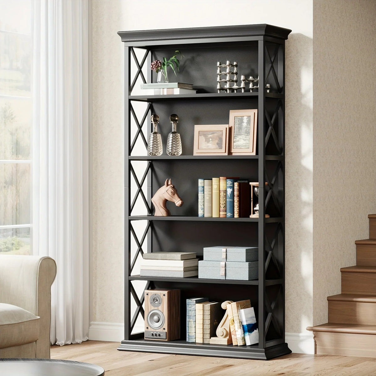 71 Inch Industrial 6-tier Bookcase - Sturdy Wood & Metal X-pattern Design, 75lb Capacity Shelves, Easy... - House Of Avana [[SKU:HOA-BOK-014]]