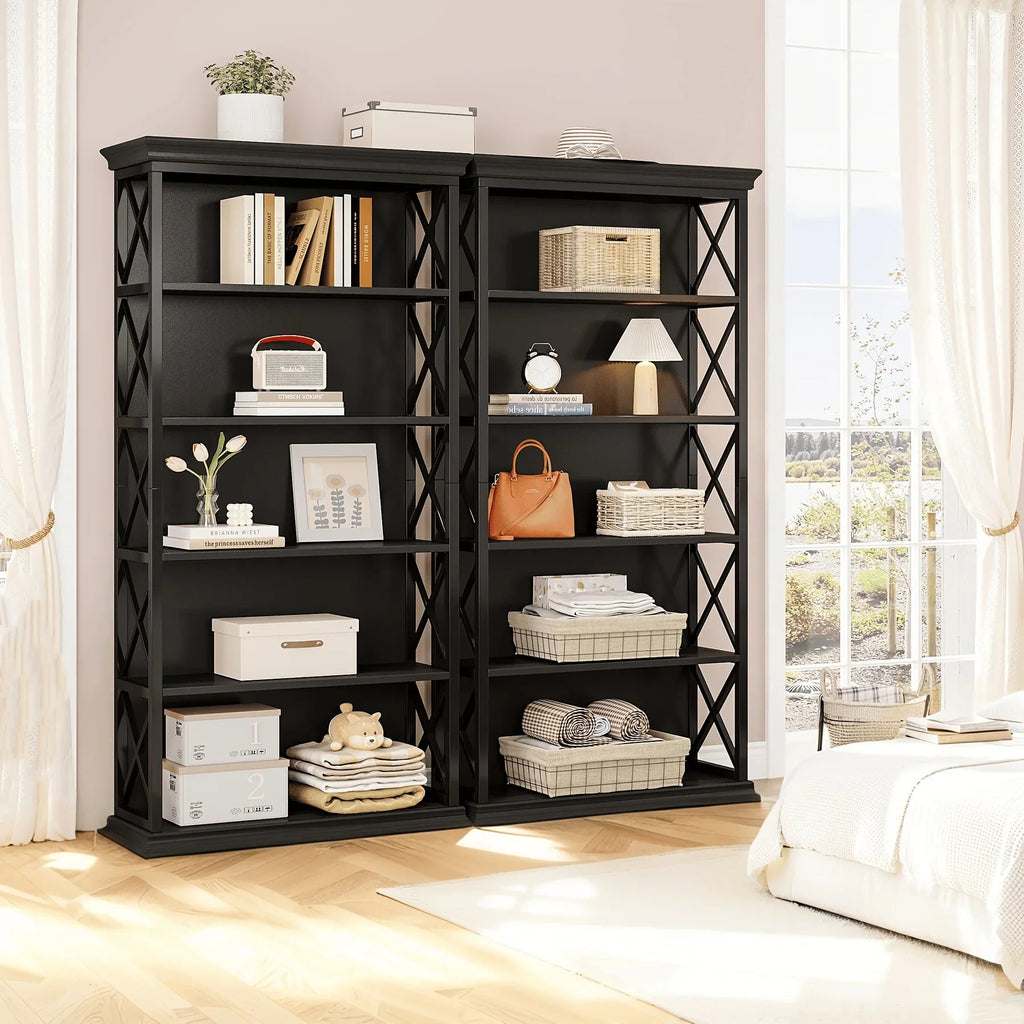 71 Inch Industrial 6-tier Bookcase - Sturdy Wood & Metal X-pattern Design, 75lb Capacity Shelves, Easy... - House Of Avana [[SKU:HOA-BOK-014]]