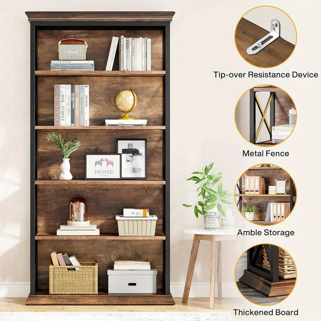 71 Inch Industrial 6-tier Bookcase - Sturdy Wood & Metal X-pattern Design, 75lb Capacity Shelves, Easy... - House Of Avana