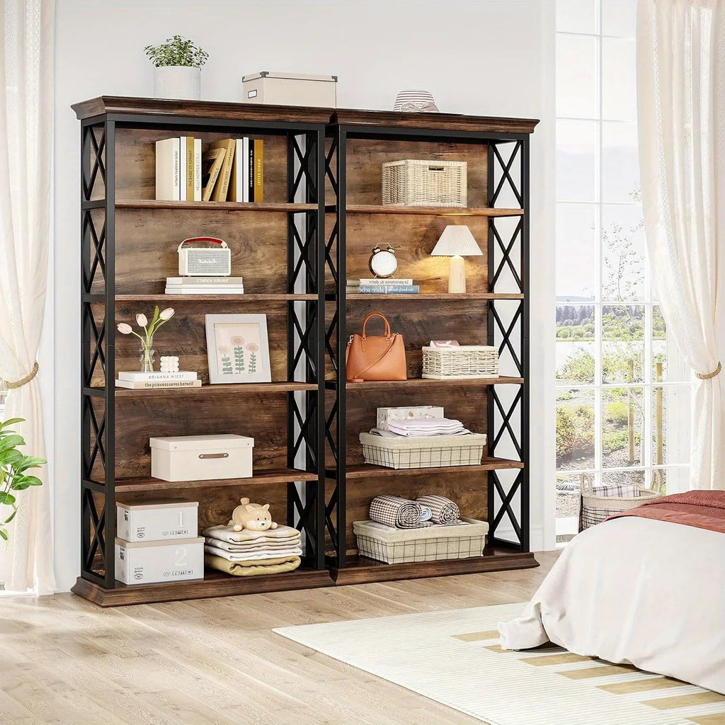 71 Inch Industrial 6-tier Bookcase - Sturdy Wood & Metal X-pattern Design, 75lb Capacity Shelves, Easy... - House Of Avana [[SKU:HOA-BOK-014]]