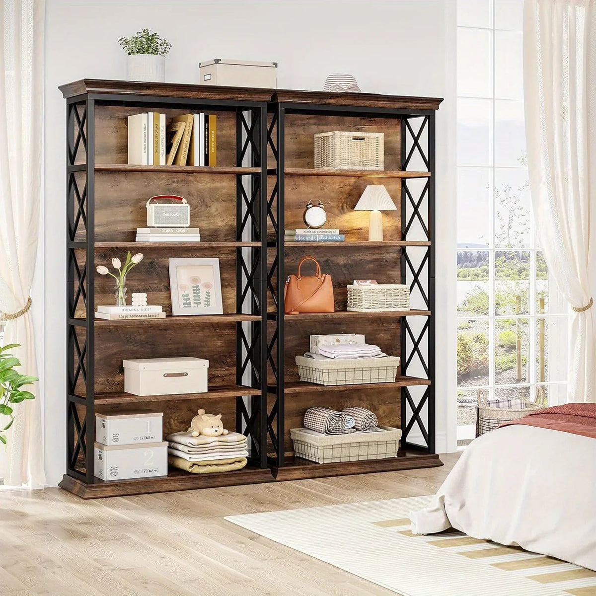 71 Inch Industrial 6-tier Bookcase - Sturdy Wood & Metal X-pattern Design, 75lb Capacity Shelves, Easy... - House Of Avana [[SKU:HOA-BOK-014]]