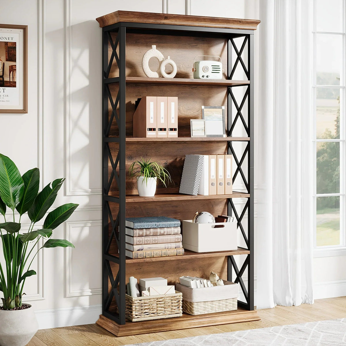 71 Inch Industrial 6-tier Bookcase - Sturdy Wood & Metal X-pattern Design, 75lb Capacity Shelves, Easy... - House Of Avana [[SKU:HOA-BOK-014]]