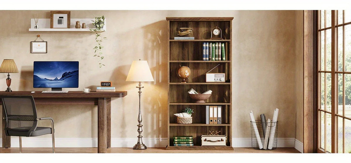 [Large Bookcase] Large 75-Inch Tall Bookcase | 6-Tier Bookshelf, Freestanding Wood Display Shelves for Living Room, Home Office, Bedroom - Brown House Of Avana [[SKU:HOA-BOK-013]]