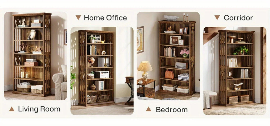[Large Bookcase] Large 75-Inch Tall Bookcase | 6-Tier Bookshelf, Freestanding Wood Display Shelves for Living Room, Home Office, Bedroom - Brown House Of Avana [[SKU:HOA-BOK-013]]