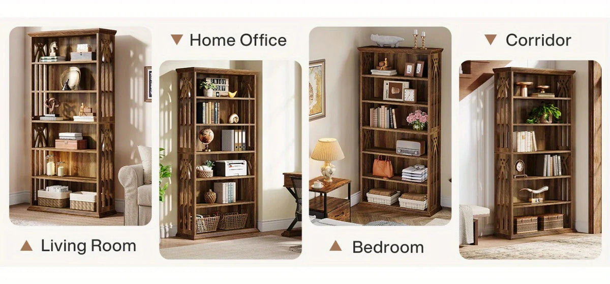 [Large Bookcase] Large 75-Inch Tall Bookcase | 6-Tier Bookshelf, Freestanding Wood Display Shelves for Living Room, Home Office, Bedroom - Brown House Of Avana [[SKU:HOA-BOK-013]]