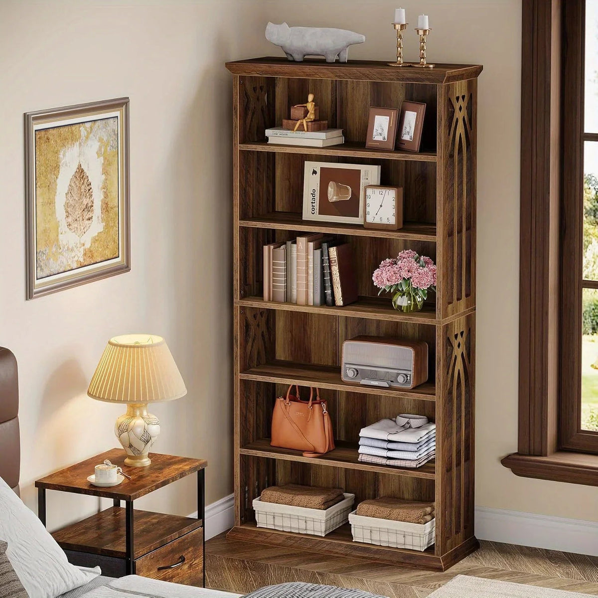 [Large Bookcase] Large 75-Inch Tall Bookcase | 6-Tier Bookshelf, Freestanding Wood Display Shelves for Living Room, Home Office, Bedroom - Brown House Of Avana [[SKU:HOA-BOK-013]]