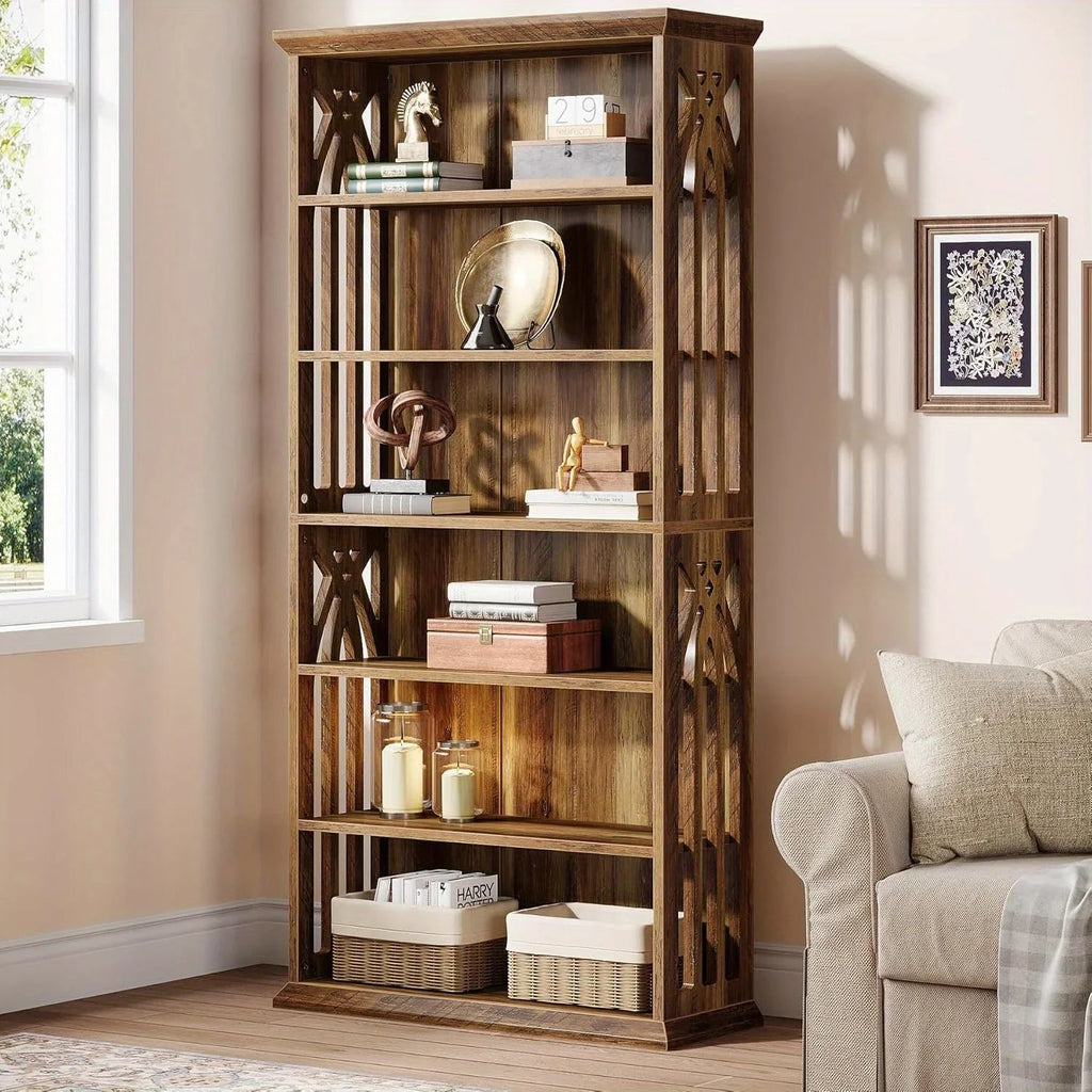 [Large Bookcase] Large 75-Inch Tall Bookcase | 6-Tier Bookshelf, Freestanding Wood Display Shelves for Living Room, Home Office, Bedroom - Brown House Of Avana [[SKU:HOA-BOK-013]]