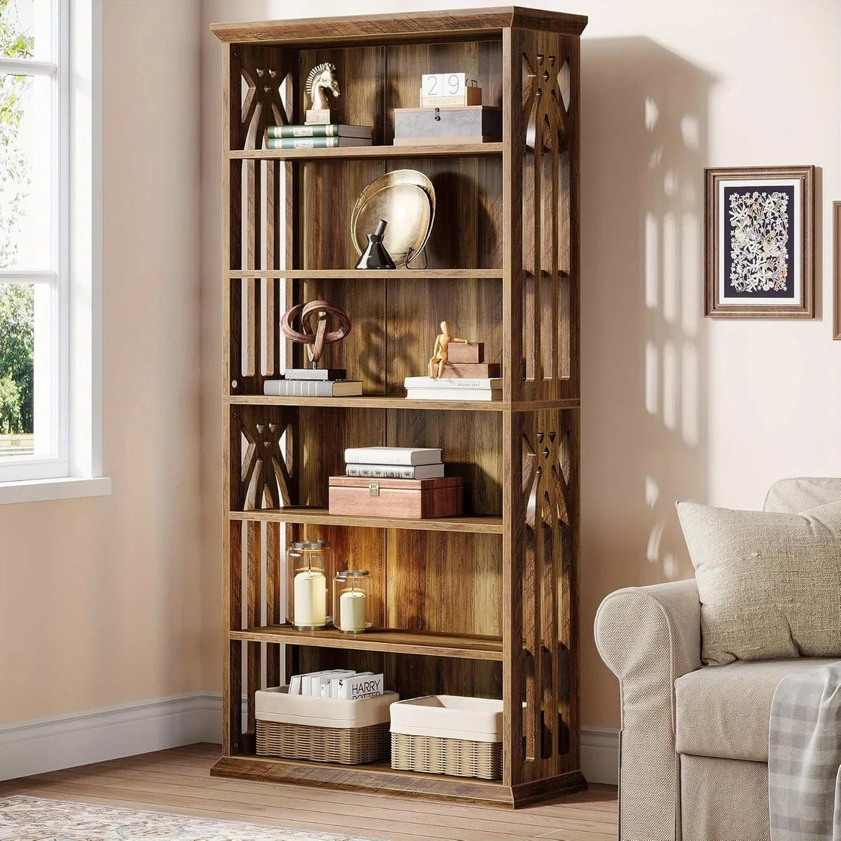 [Large Bookcase] Large 75-Inch Tall Bookcase | 6-Tier Bookshelf, Freestanding Wood Display Shelves for Living Room, Home Office, Bedroom - Brown House Of Avana [[SKU:HOA-BOK-013]]