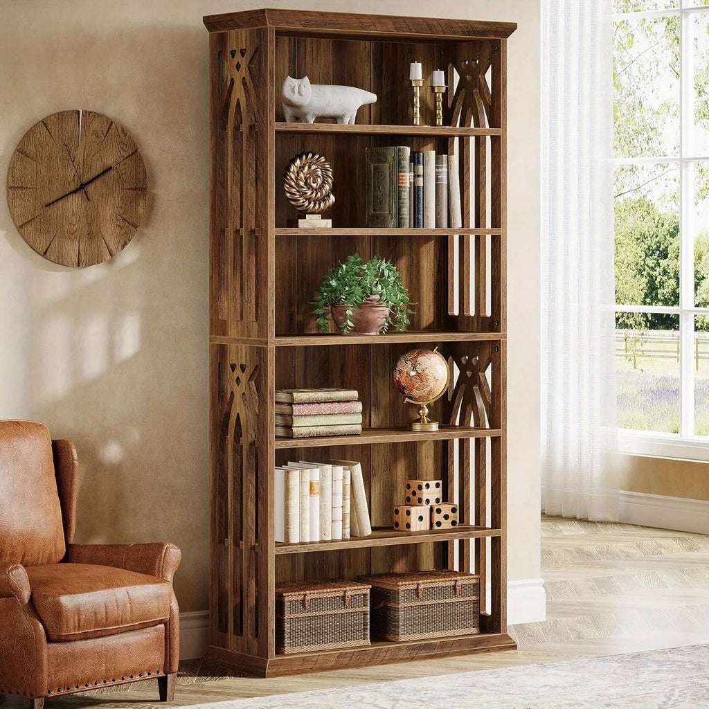 [Large Bookcase] Large 75-Inch Tall Bookcase | 6-Tier Bookshelf, Freestanding Wood Display Shelves for Living Room, Home Office, Bedroom - Brown House Of Avana