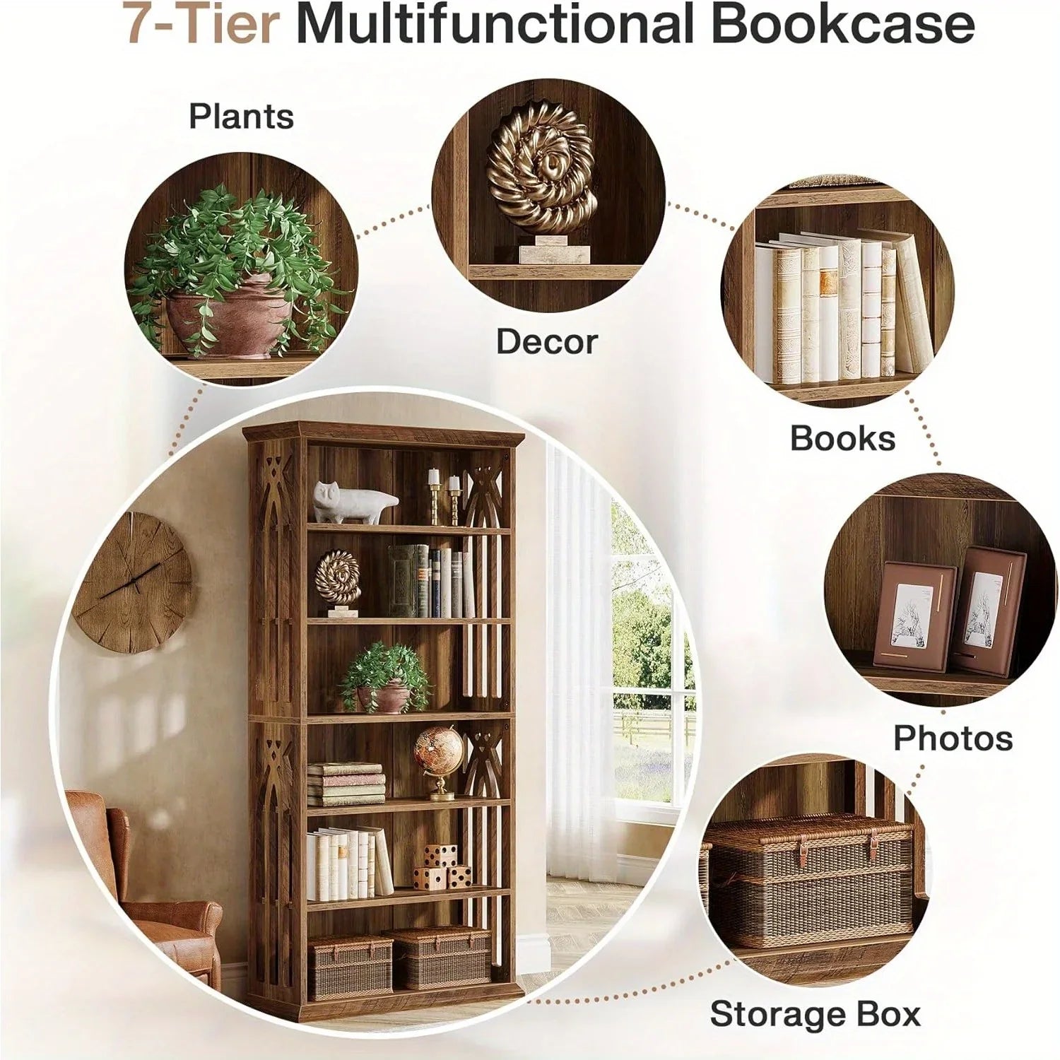 [Large Bookcase] Large 75-Inch Tall Bookcase | 6-Tier Bookshelf, Freestanding Wood Display Shelves for Living Room, Home Office, Bedroom - Brown House Of Avana