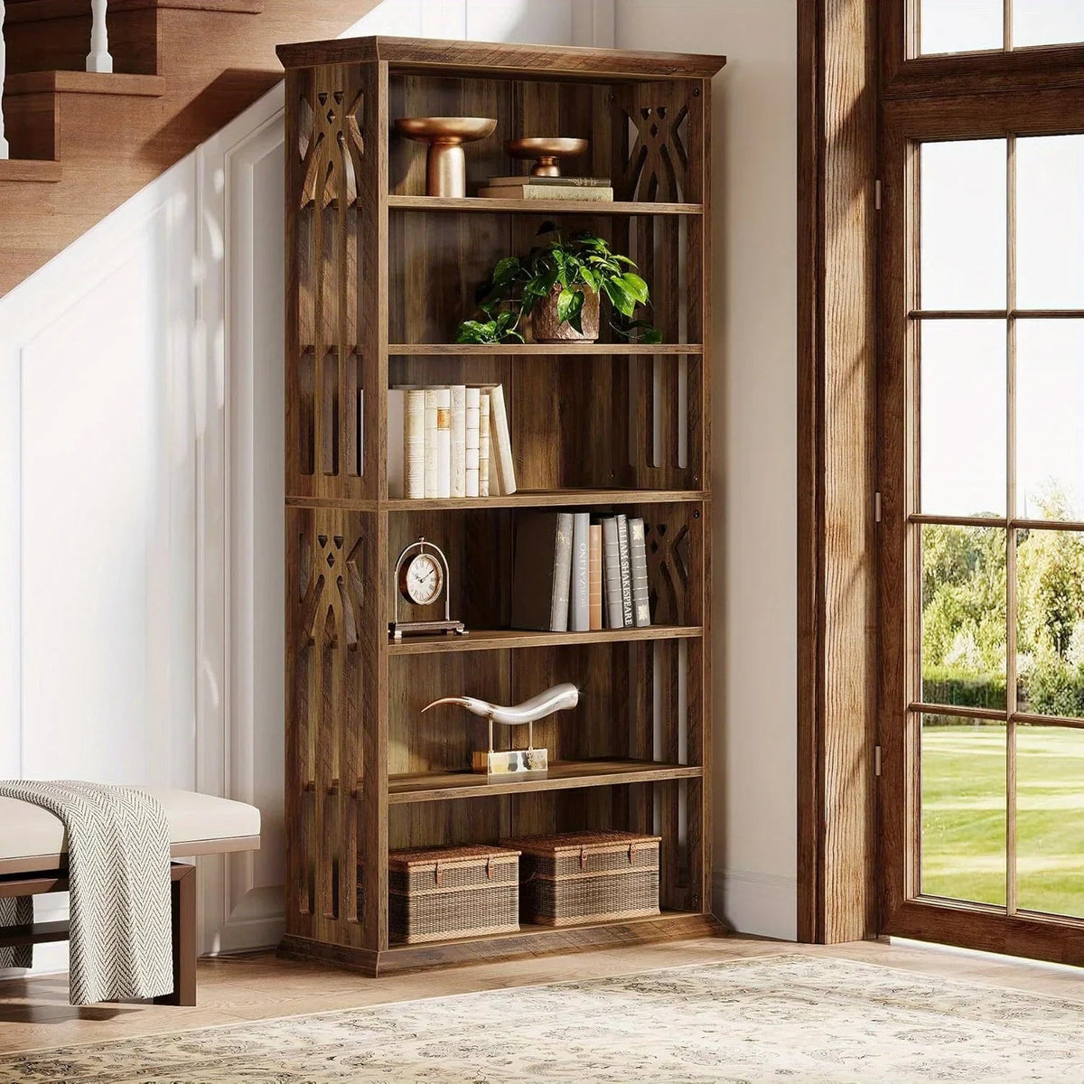 [Large Bookcase] Large 75-Inch Tall Bookcase | 6-Tier Bookshelf, Freestanding Wood Display Shelves for Living Room, Home Office, Bedroom - Brown House Of Avana [[SKU:HOA-BOK-013]]