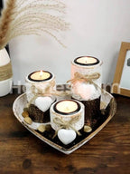 S White Wooden Candlestick Set with Heart Tray & Tea Light Holders - Rustic Farmhouse Candle Holders... - House Of Avana