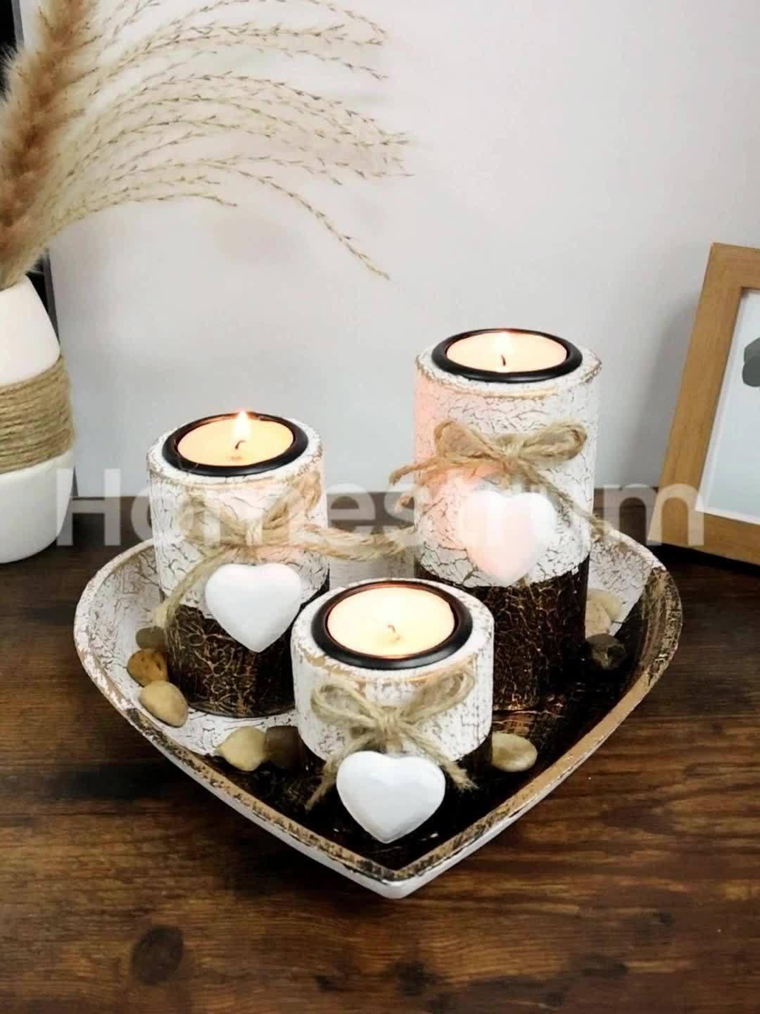 S White Wooden Candlestick Set with Heart Tray & Tea Light Holders - Rustic Farmhouse Candle Holders... - House Of Avana [[SKU:HOA-CAN-036]]