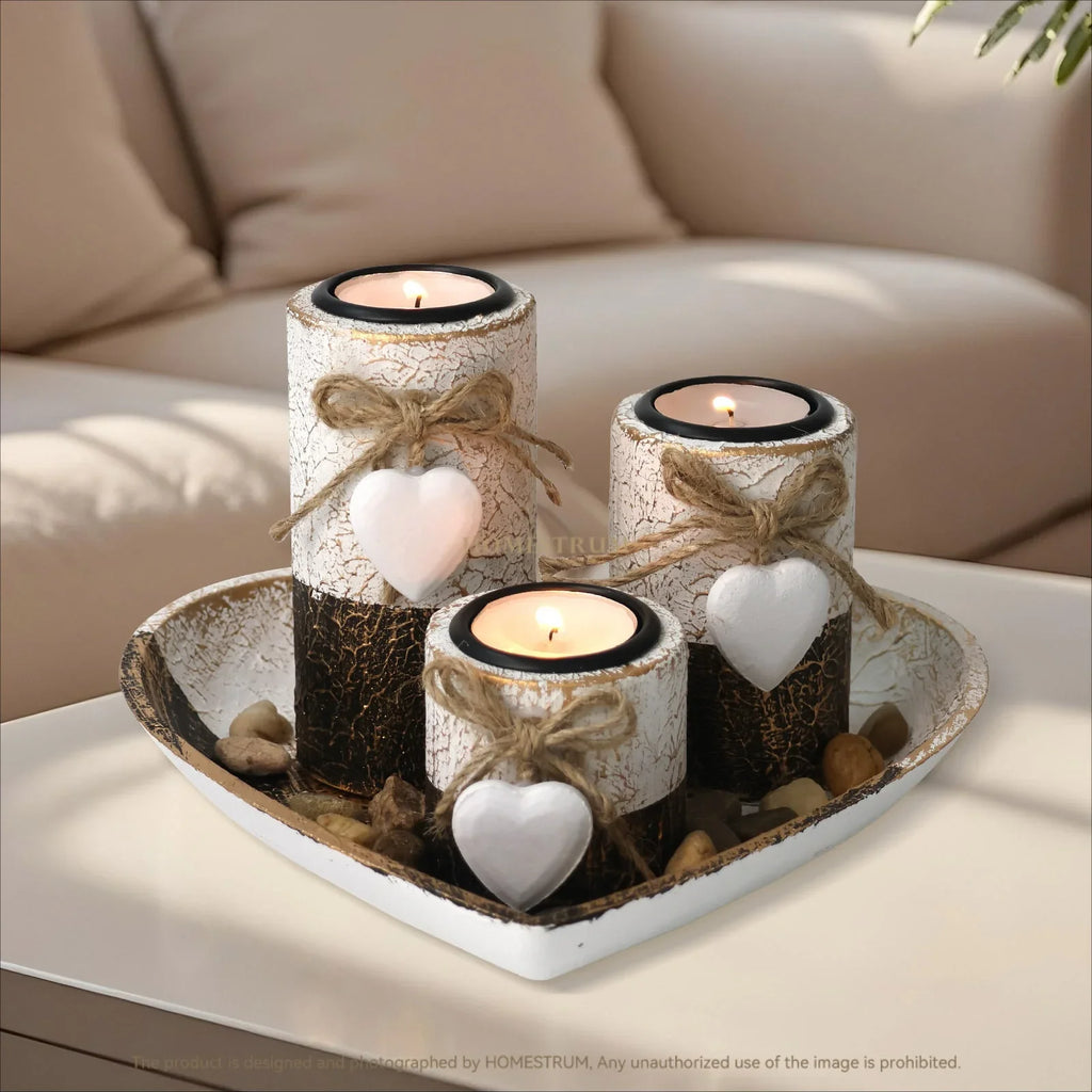 S White Wooden Candlestick Set with Heart Tray & Tea Light Holders - Rustic Farmhouse Candle Holders... - House Of Avana
