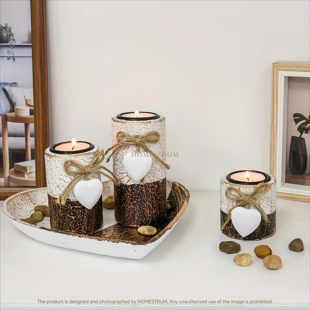 S White Wooden Candlestick Set with Heart Tray & Tea Light Holders - Rustic Farmhouse Candle Holders... - House Of Avana [[SKU:HOA-CAN-036]]
