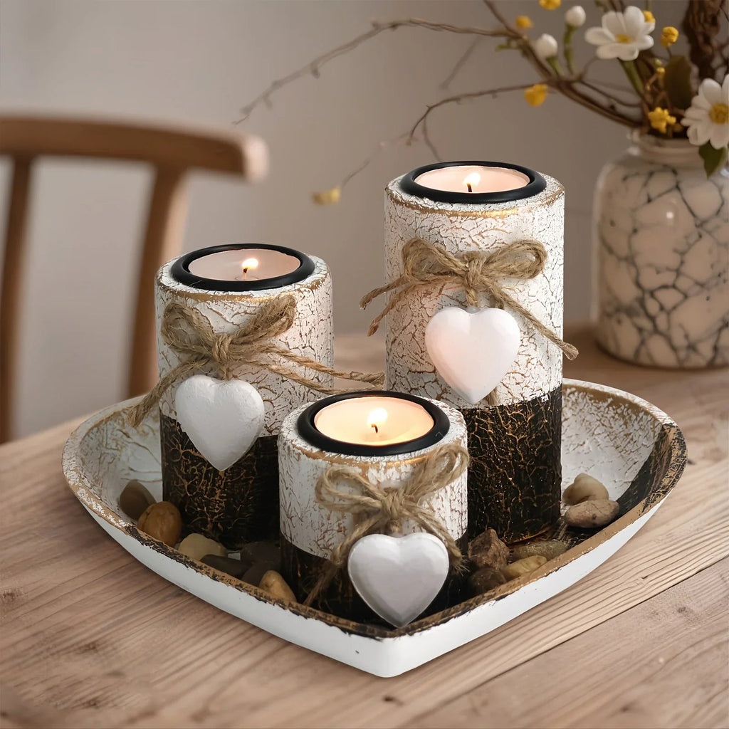 S White Wooden Candlestick Set with Heart Tray & Tea Light Holders - Rustic Farmhouse Candle Holders... - House Of Avana [[SKU:HOA-CAN-036]]