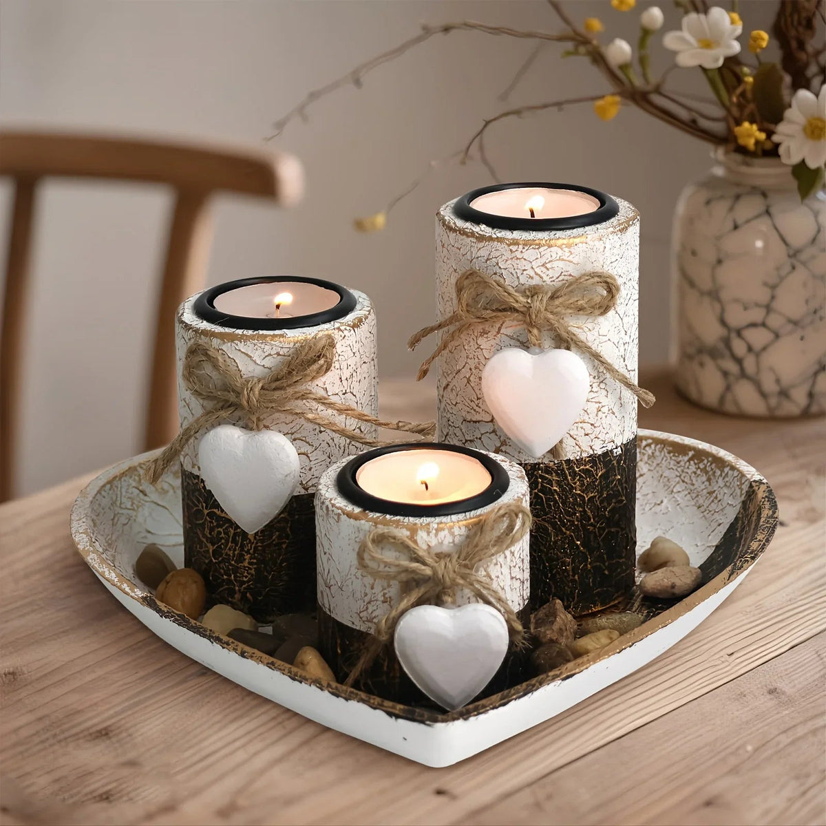S White Wooden Candlestick Set with Heart Tray & Tea Light Holders - Rustic Farmhouse Candle Holders... - House Of Avana [[SKU:HOA-CAN-036]]