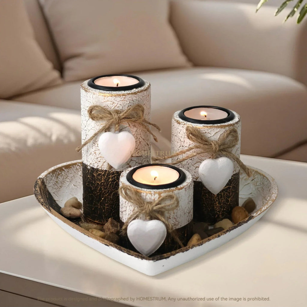 S White Wooden Candlestick Set with Heart Tray & Tea Light Holders - Rustic Farmhouse Candle Holders... - House Of Avana [[SKU:HOA-CAN-036]]