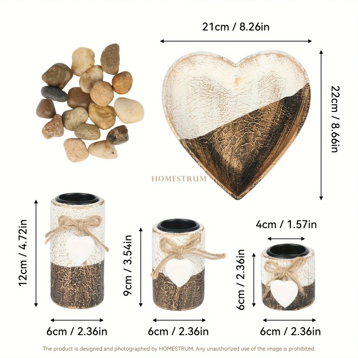 S White Wooden Candlestick Set with Heart Tray & Tea Light Holders - Rustic Farmhouse Candle Holders... - House Of Avana [[SKU:HOA-CAN-036]]