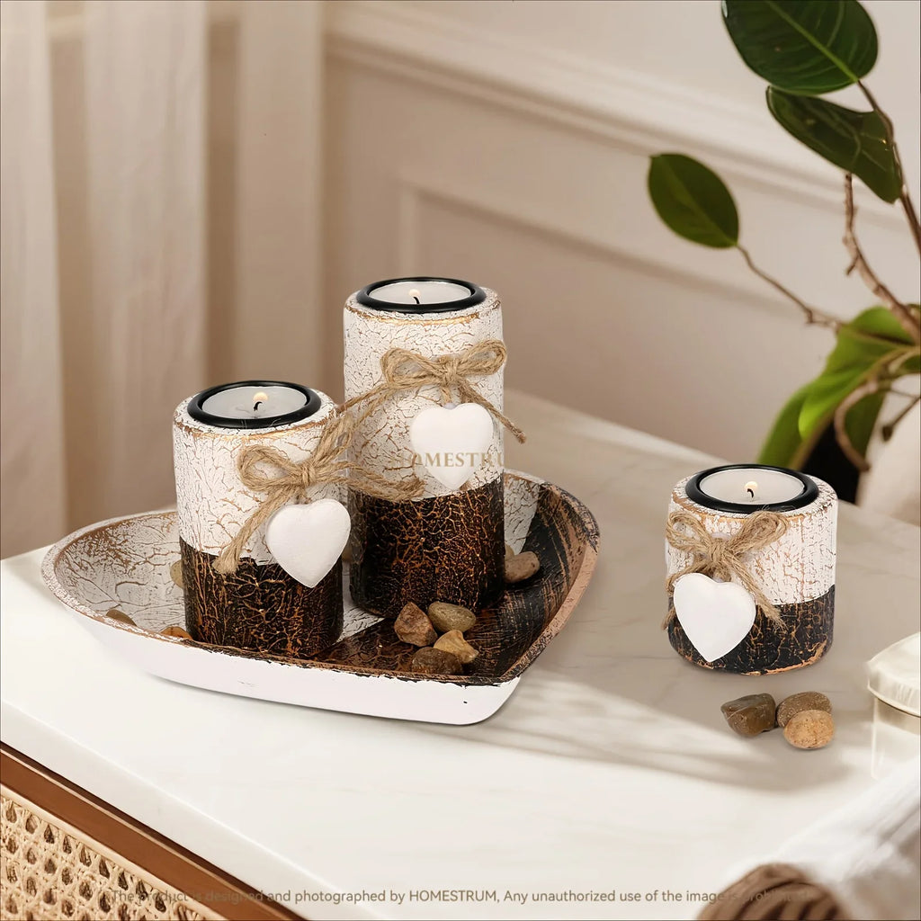 S White Wooden Candlestick Set with Heart Tray & Tea Light Holders - Rustic Farmhouse Candle Holders... - House Of Avana