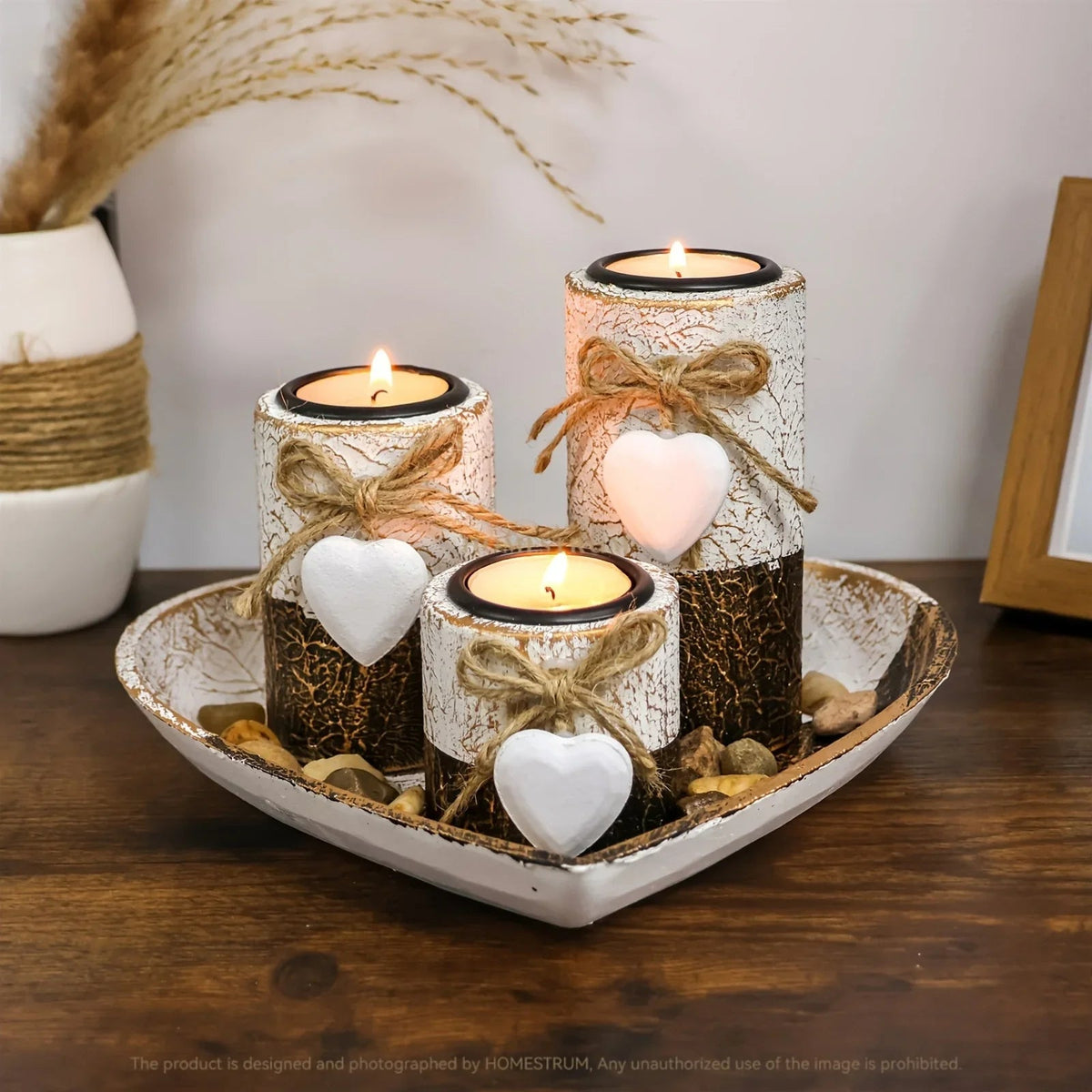 S White Wooden Candlestick Set with Heart Tray & Tea Light Holders - Rustic Farmhouse Candle Holders... - House Of Avana [[SKU:HOA-CAN-036]]