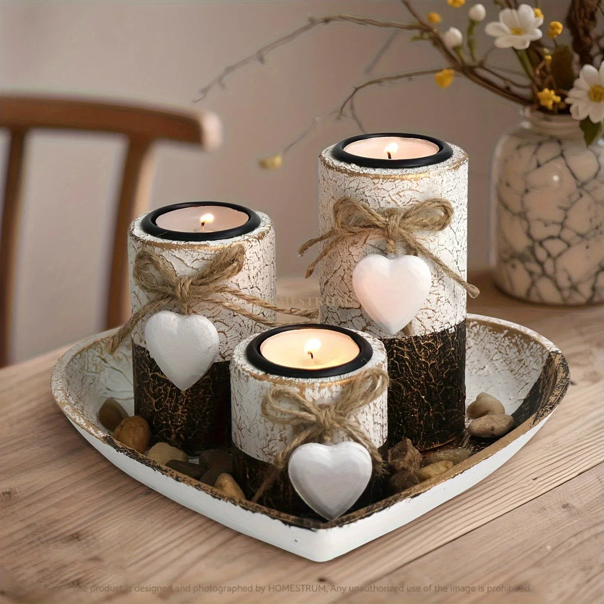 S White Wooden Candlestick Set with Heart Tray & Tea Light Holders - Rustic Farmhouse Candle Holders... - House Of Avana [[SKU:HOA-CAN-036]]