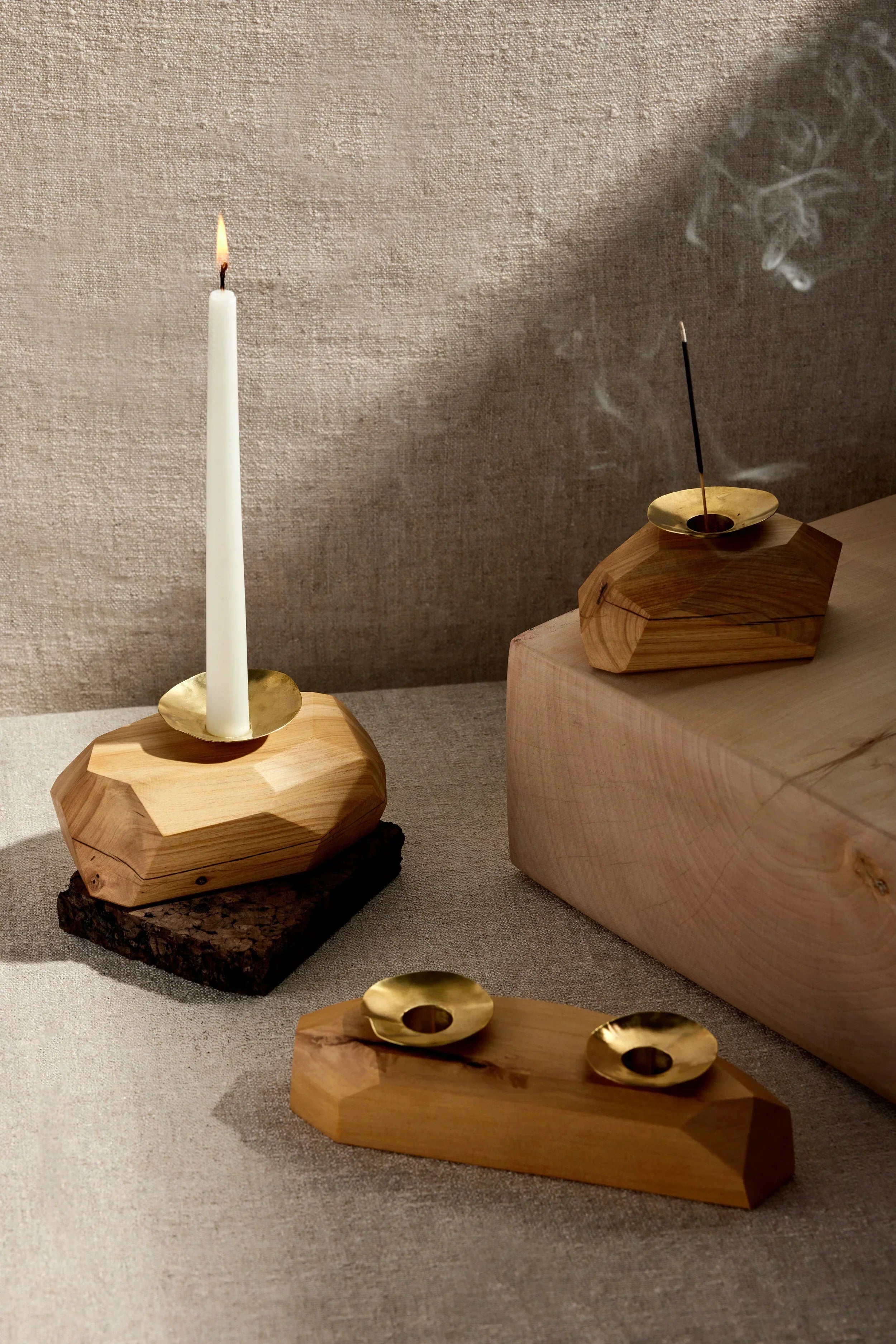 Wood Incense and Candle Holder by Dor+Kie Kanju Interiors