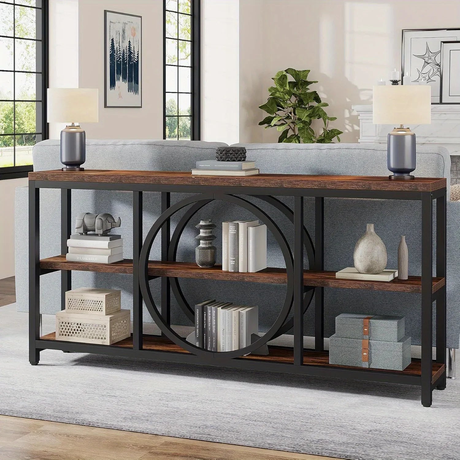 70.9 Inch Sofa Console Table, Extra Long Narrow Entryway Tables with Tier Wood Storage Shelves Metal... - House Of Avana