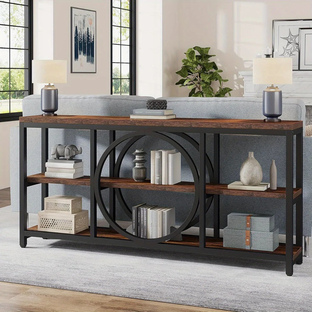 70.9 Inch Sofa Console Table, Extra Long Narrow Entryway Tables with Tier Wood Storage Shelves Metal... - House Of Avana [[SKU:HOA-SOF-010]]