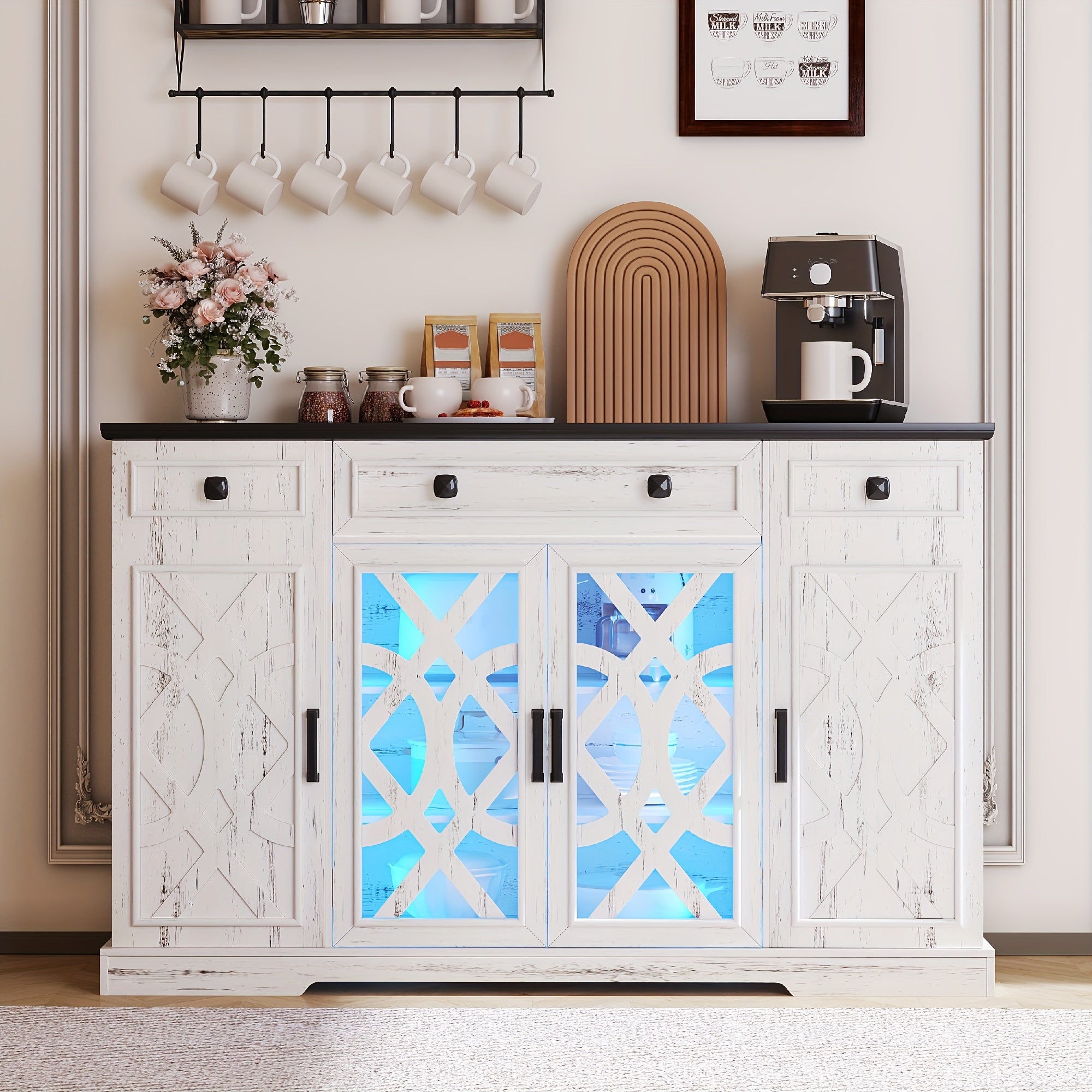 White cabinet with decorative glass doors in a home setting